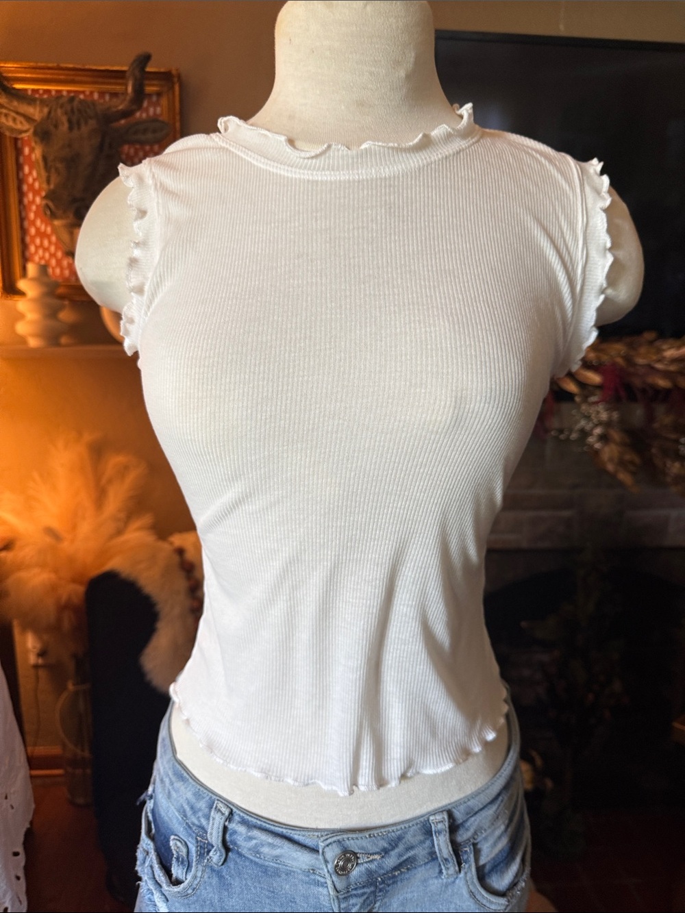 Intimately Free People White Ribbed Lettuce Edge Cap Sleeve Tee Top Size S